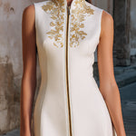 Embroidered Stand-Collar Zip-Front Sleeveless Midi Dress