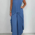 Round Neck Solid Sleeve Top Pleated Straight Pants Two-piece Set