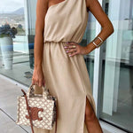 Casual Solid Bandage Oblique Collar Sleeveless Dress Dresses