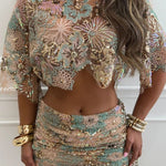 Fashionable Embroidered Flower Sequined Crop Top and Hip-hugging Mini Skirt Set
