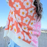 Orange Flower & Dotted Print Colorblock Open Front Cardigan