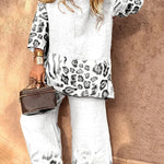 Leopard Print Crew Neck Loose Top and Elastic Waist Casual Wide-leg Pants Set