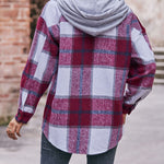 Nadorine Casual Mid-length Plaid Shirt Hooded Jacket