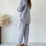 Simple Casual Two-Piece Set with Fleece Inside Lapel-Neck Shirt+Wide-leg Pants
