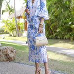 Flared Sleeves Loose Flower Print Split-Joint Split-side Deep V-Neck Midi Dresses