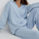 Nadorine Casual Two-Pieces Outfits Lapel V Neck Sweater and Trousers Sets