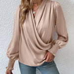 Nadorine Elegant V-neck Lantern Sleeve Blouse Temperament Solid Color Shirt for Women Casual Work Office Loose Fit 2026 | Under $40