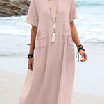 Solid Color Round Neck Short Sleeve Midi Dress Summer Holiday Casual Maxi Sundress