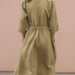 Nadorine Women's Cotton And Linen V-Neck Lace up Pocket 3/4 Length Sleeve Summer Dresses