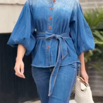 Half Sleeves Puff Sleeves Buttoned Gradient Tied Waist Stand Collar Blouses&Shirts Tops