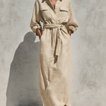 Women's Elegant Natural-colored Linen And Cotton Blend Long-sleeved Shirt Dress With A Loose Fit