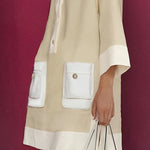 A-Line Loose Buttoned Contrast Color Pockets Stand Collar Mini Dresses