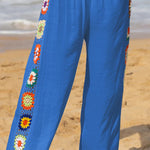 Dimarco Linen Blend Colorful Crochet Flower Patchwork Stretch Waist Wide Leg Pants