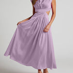 Cap Sleeve Belly-Hollow Pleated Solid Color Stand Collar Maxi Dresses