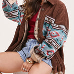 Nadorine Corduroy Patch Print Pocket Coat Long Sleeve Jacket Top