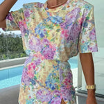 Beautiful Casual Floral Print Crew Neck Short Sleeve T-shirt and Mid Rise Split Skort Set
