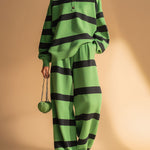 Casual Sports Green And Black Striped Sweatshirt And Pants Set