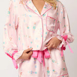 Christmas Print Lace-up Cuff Top and Elastic Waistband Pocket Casual Shorts Set