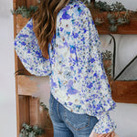 Nadorine Long Sleeve Boho Drawstring Floral Print V Neck Shirt Buttoned Blouse Casual Tunic Tops