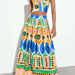 Printed halter neck cropped tank top and skirt set