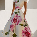 Short Sleeves Skinny Flower Print Stand Collar Midi Dresses