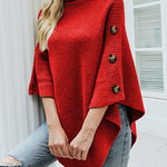 Nadorine Button Detail Turtleneck Batwing Sleeve Knit Poncho