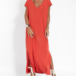 Nadorine Women's Casual V-neck Short Sleeve Loose Fit Slit Dress