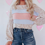 Nadorine Contrast Color Top Leopard Print Round Neck Long Sleeve Sweatshirt