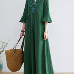 Loose Embroidered Floral Cotton Linen V-Neck 3/4 Sleeve Dress