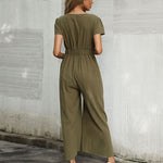 Jumpsuit Wide Leg Casual Short Sleeve Solid Color Bowknot V Neck Jumpsuit