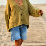 Solid Color Loose Long Sleeve V-neck Pocket Knitted Sweater Cardigan