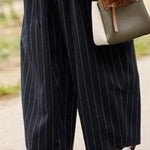 High Waisted Loose Drawstring Pleated Split-Joint Striped Pants Trousers