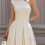 Ivory One-Shoulder Pleated Midi Dress