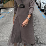 Jollie Knit Long Sleeve Front Slit Midi Sweater and Pleated Tulle Stretch Tank Midi Dress Two-piece Set