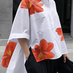 Half Sleeves High-Low Buttoned Flower Print Pockets Split-Side Stand Collar Blouses&Shirts Tops