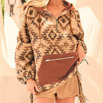 Nadorine Aztec Pull Over Hoodie with Zipper and Side Pockets, Long Sleeve BOHO Western style