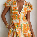 Orange V-neck Square Print Wavy Maxi Skirt