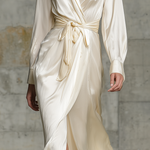 Women's Elegant Beige Satin Shirt Collar Long-sleeved Loose-fitting Midi Dress