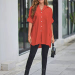 Nadorine Long Cuffed Sleeve Shirts Button Down V Neck Blouse Loose Fitting Tops