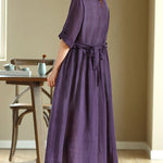High Waist Slimming Loose Round Neck Long Dresses with Belt