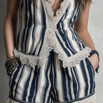 Retro Striped Vest & Shorts Set With Lace Trim