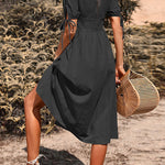 Short-sleeved v-neck solid color cotton and linen dress