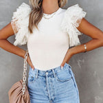 Solid Color Round Neck Pullover Slim Fit Lotus Leaf Sleeve T-shirt