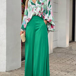 Two Piece Sets Long Puff Sleeve Shirt and Wide Leg Pants Streetwear Elegant Printed Vintage Sets