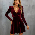 Sexy V Neck Long Sleeve Velvet Mini Dress