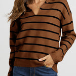 Striped Long Sleeve Polo V Neck Pullover Sweater