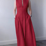 A-Line Loose Pleated Pockets Split-Joint Zipper Round-Neck Maxi Dresses