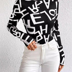 Long Sleeves Skinny Letter Print Split-Joint Mock Neck T-Shirts Tops