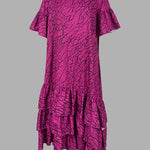 Flared Sleeves Half Sleeves Asymmetric Layered Pleated Printed Ruffle Trim Round-Neck Maxi Dresses