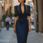 Elegant Lace-Trim V-Neck Belted Midi Dress